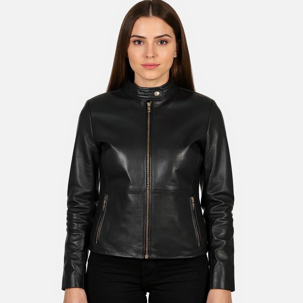 Woman wearing a black leather jacket on a white background
