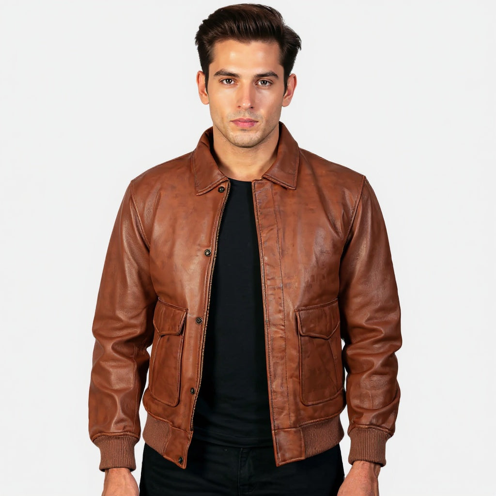 Man wearing a brown leather jacket on a white background