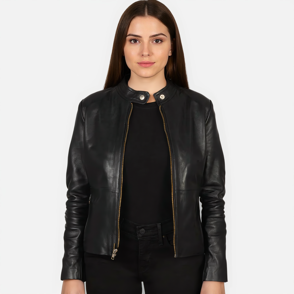Woman wearing a black leather jacket on a white background