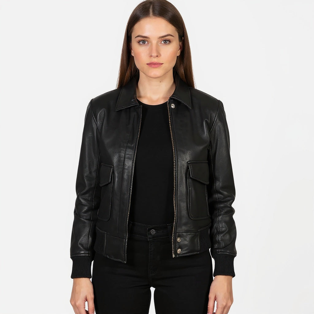 Woman wearing a black leather jacket on a white background