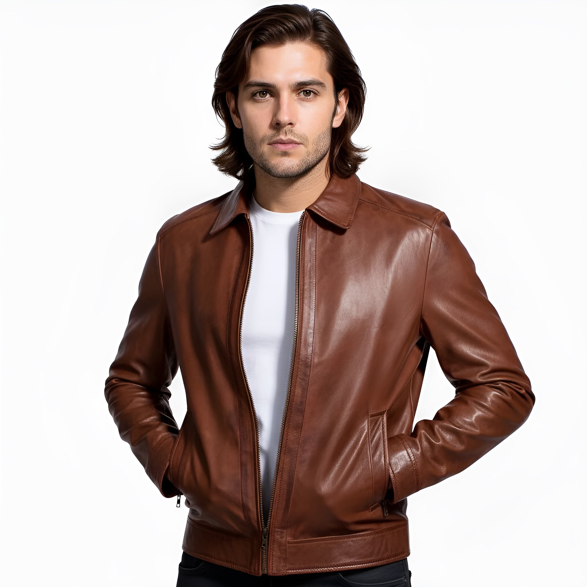 Man wearing a brown leather jacket on a white background