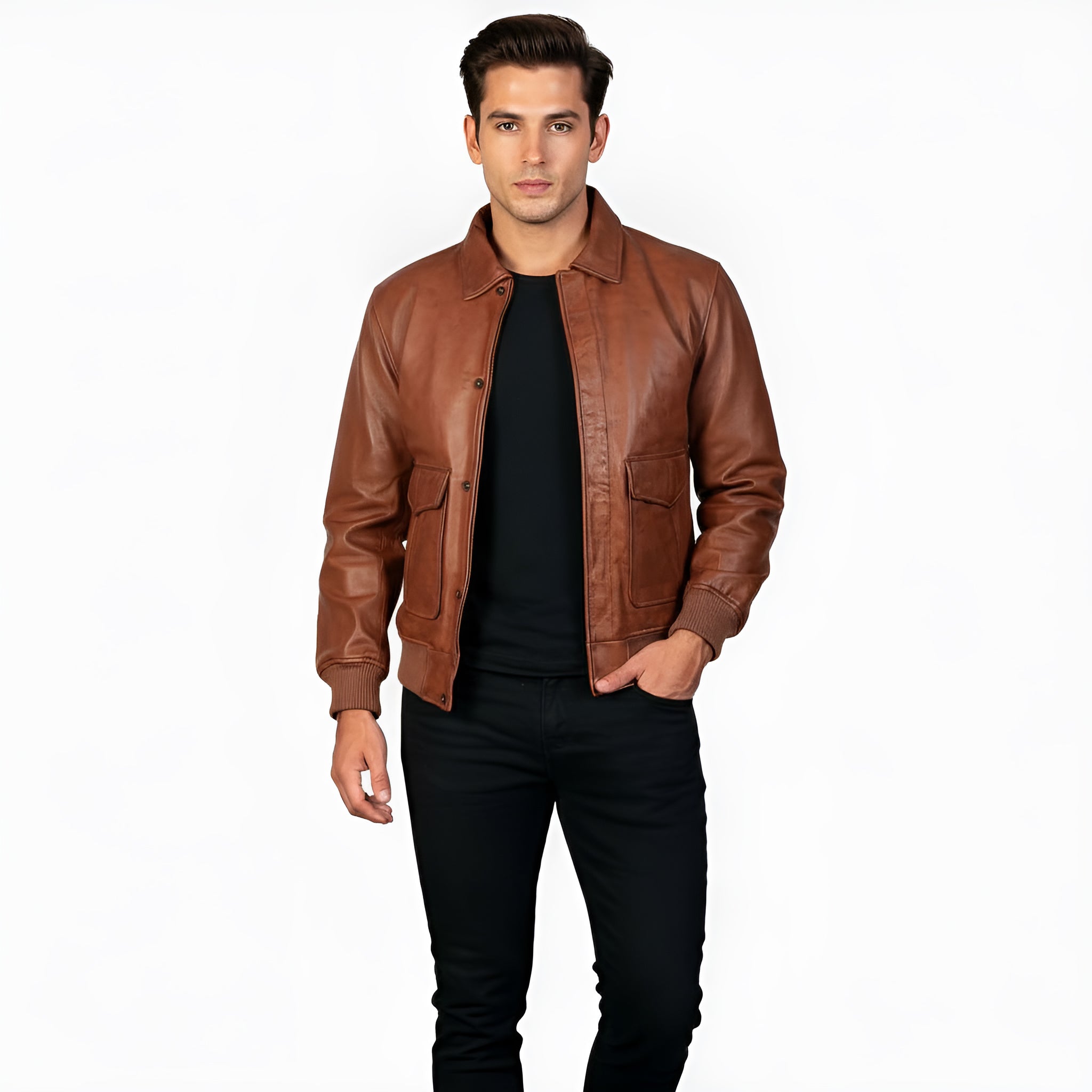 Man wearing a brown leather jacket on a white background