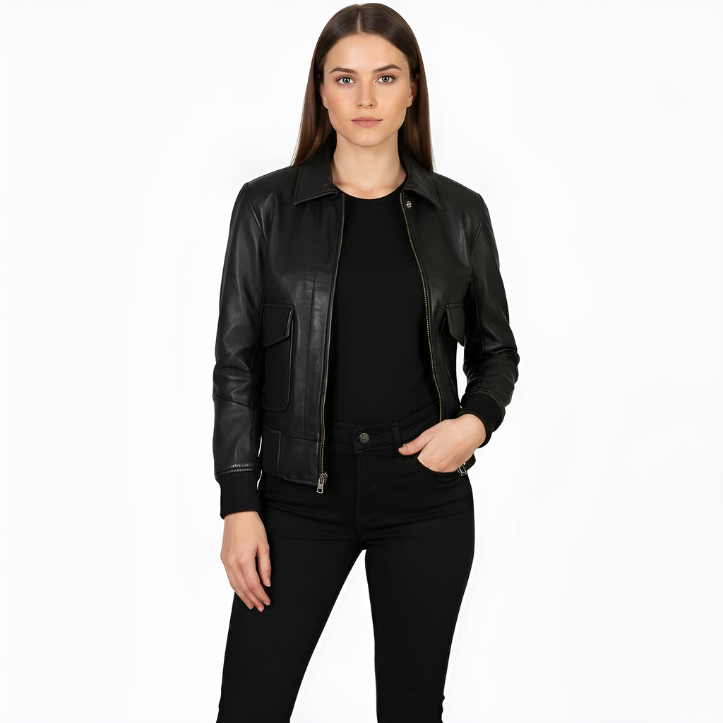 Woman wearing a black leather jacket on a white background