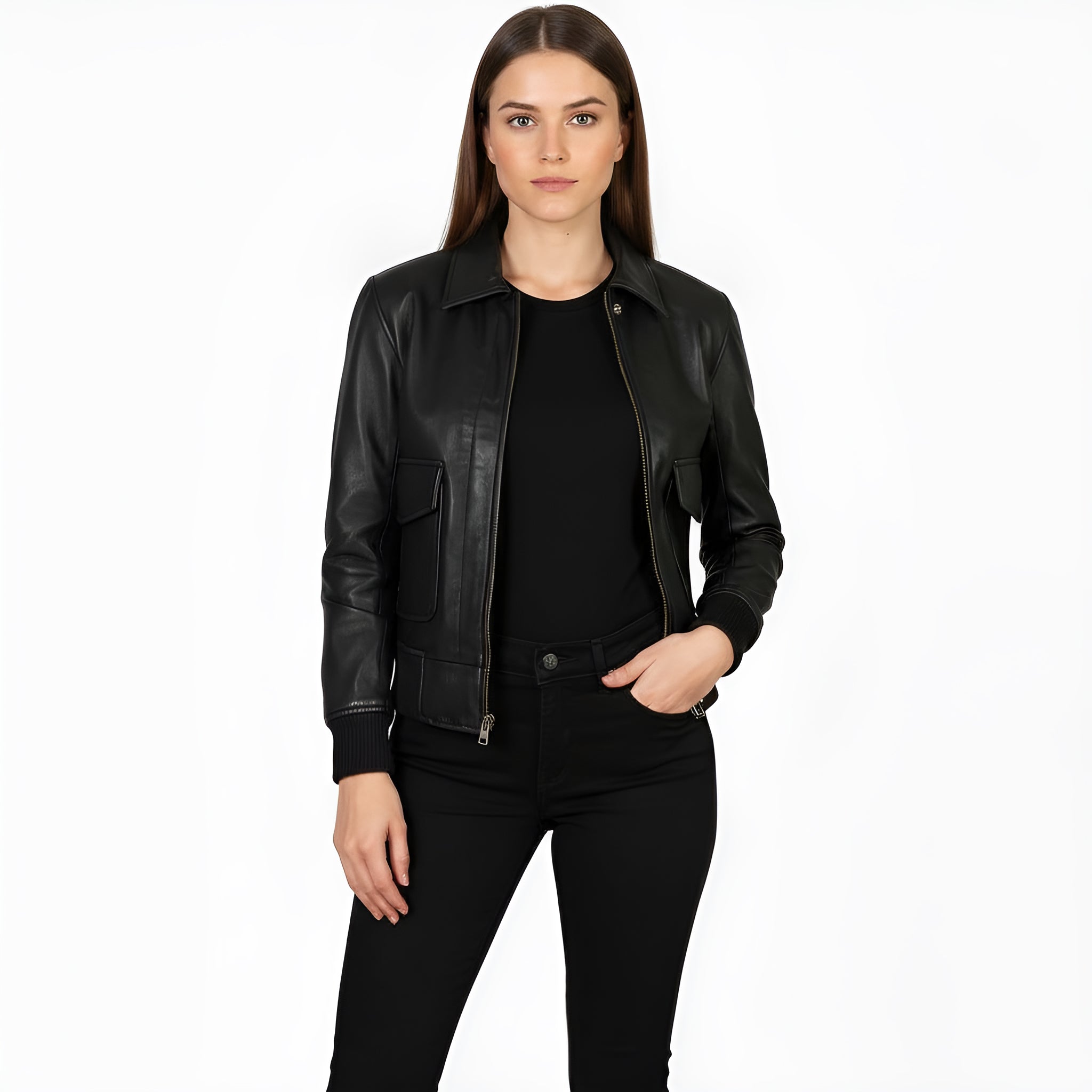 Woman wearing a black leather jacket on a white background