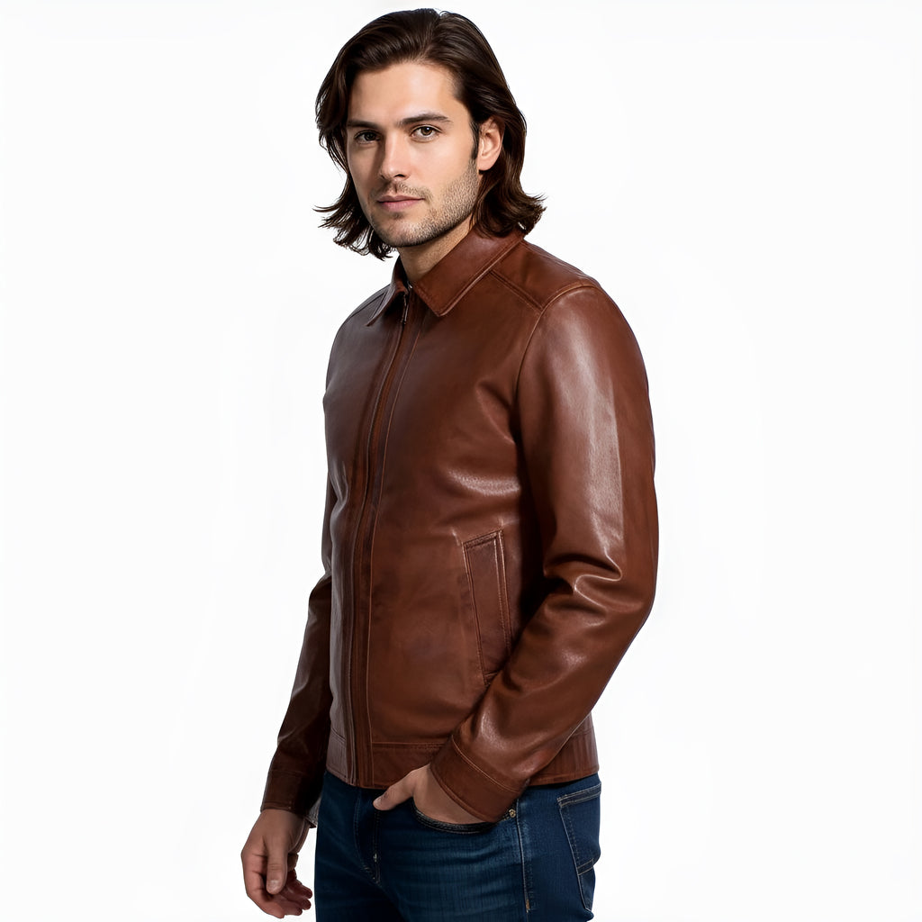 Man wearing a brown leather jacket on a white background