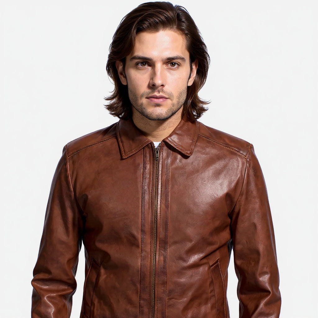 Man wearing a brown leather jacket on a white background