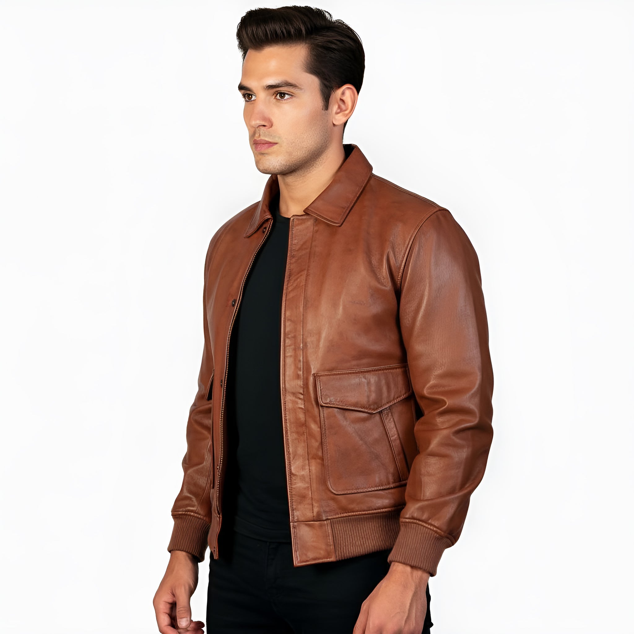 Man wearing a brown leather jacket on a white background