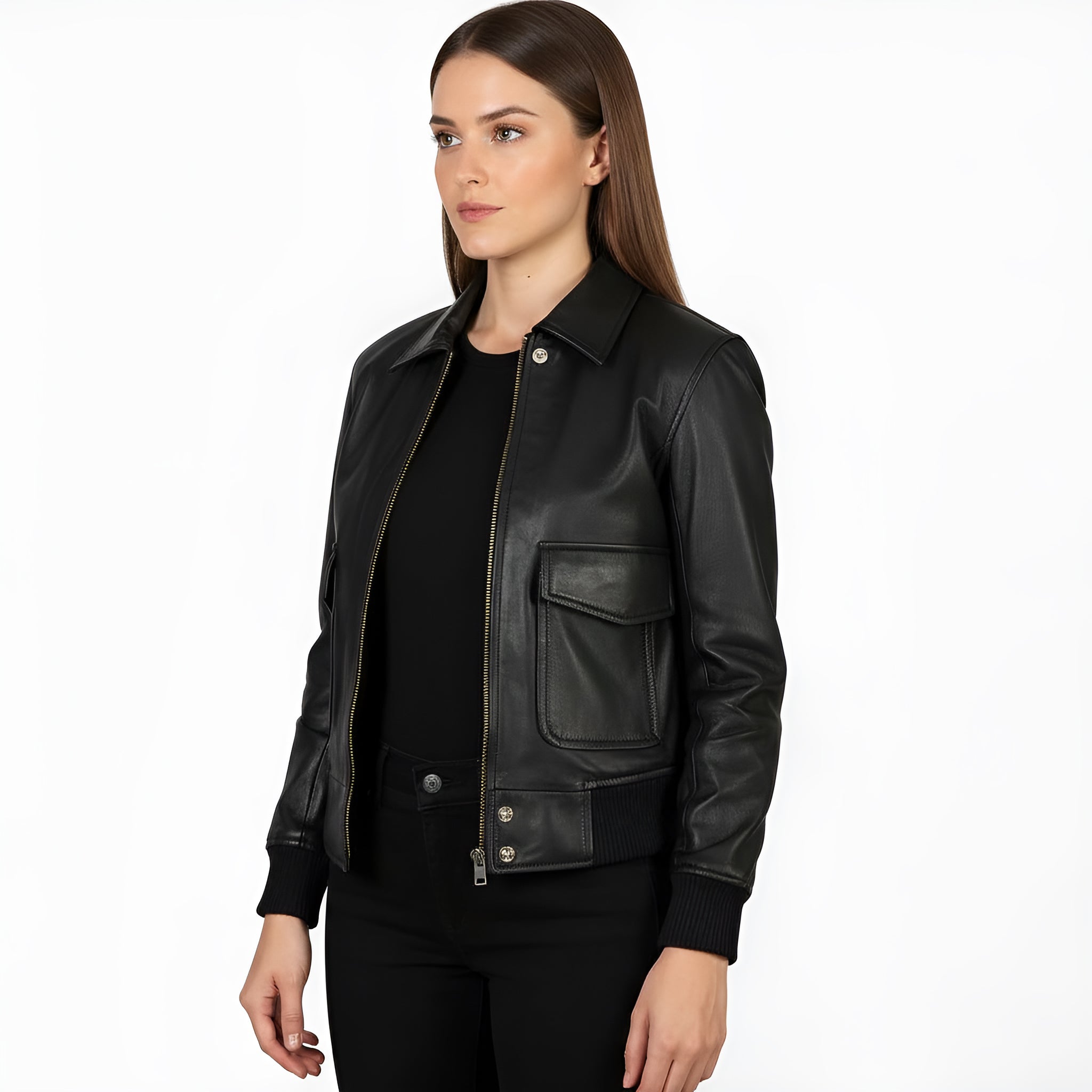 Woman wearing a black leather jacket on a white background