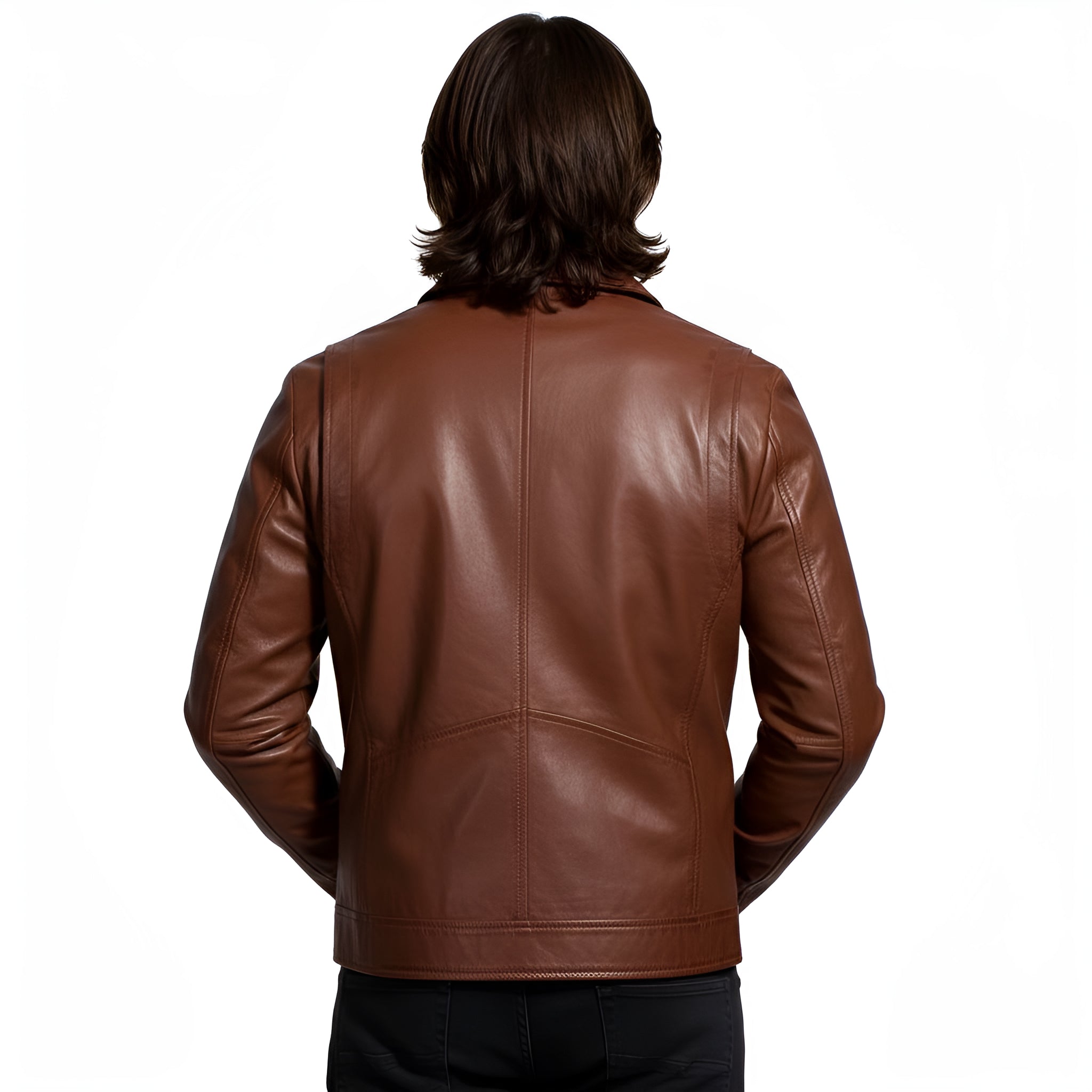 Brown leather jacket worn by a person on a white background