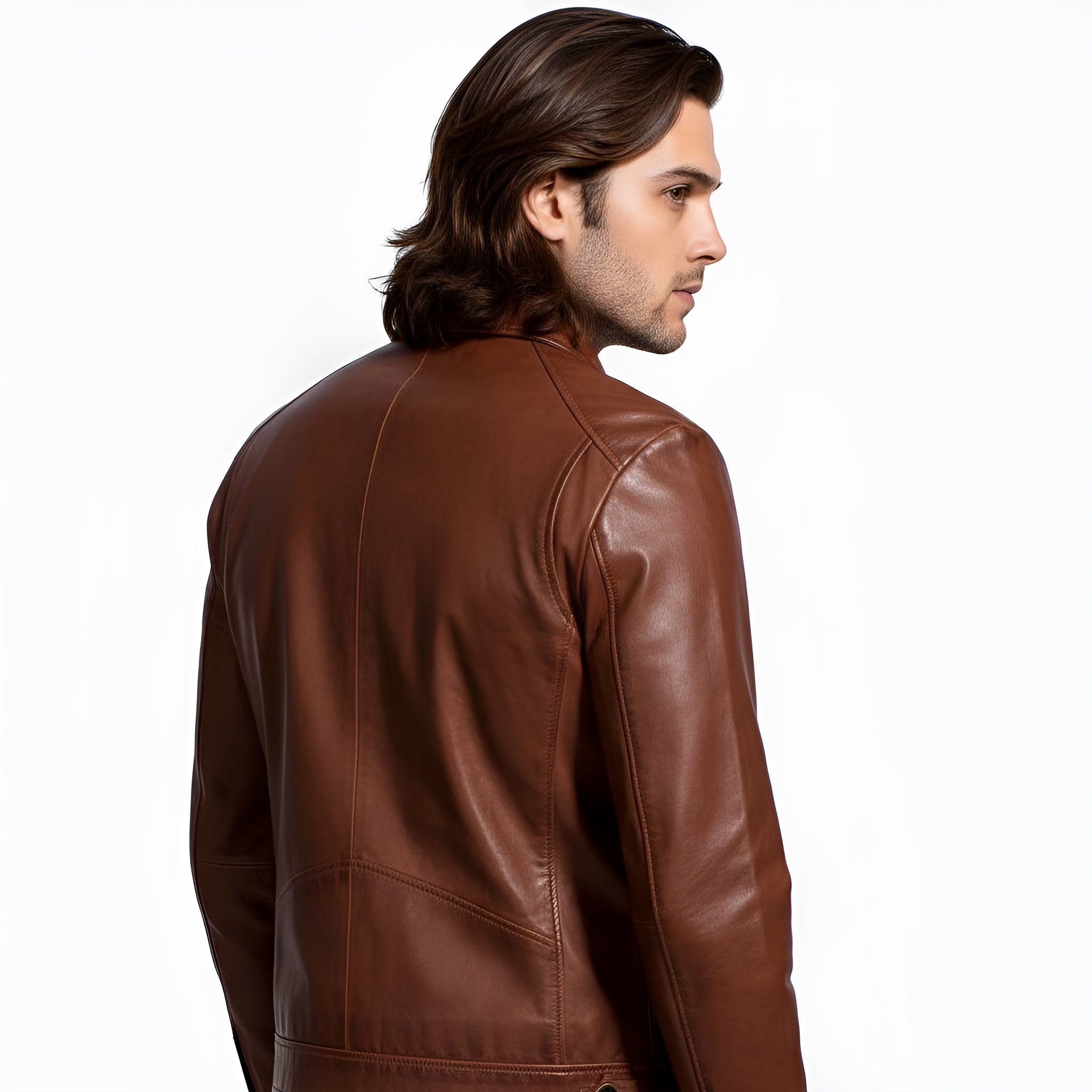 Man wearing a brown leather jacket on a white background