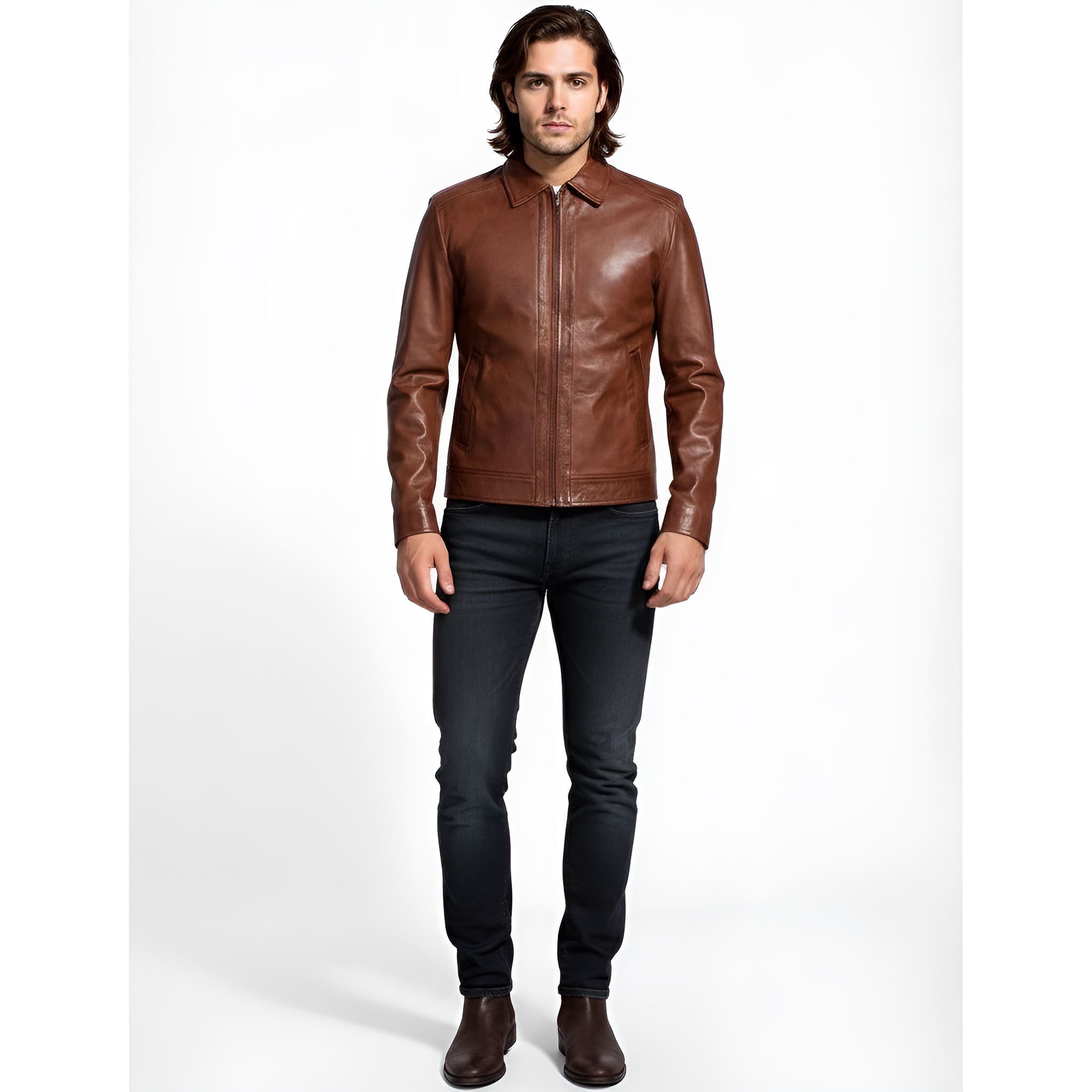 Man wearing a brown leather jacket and black pants on a white background