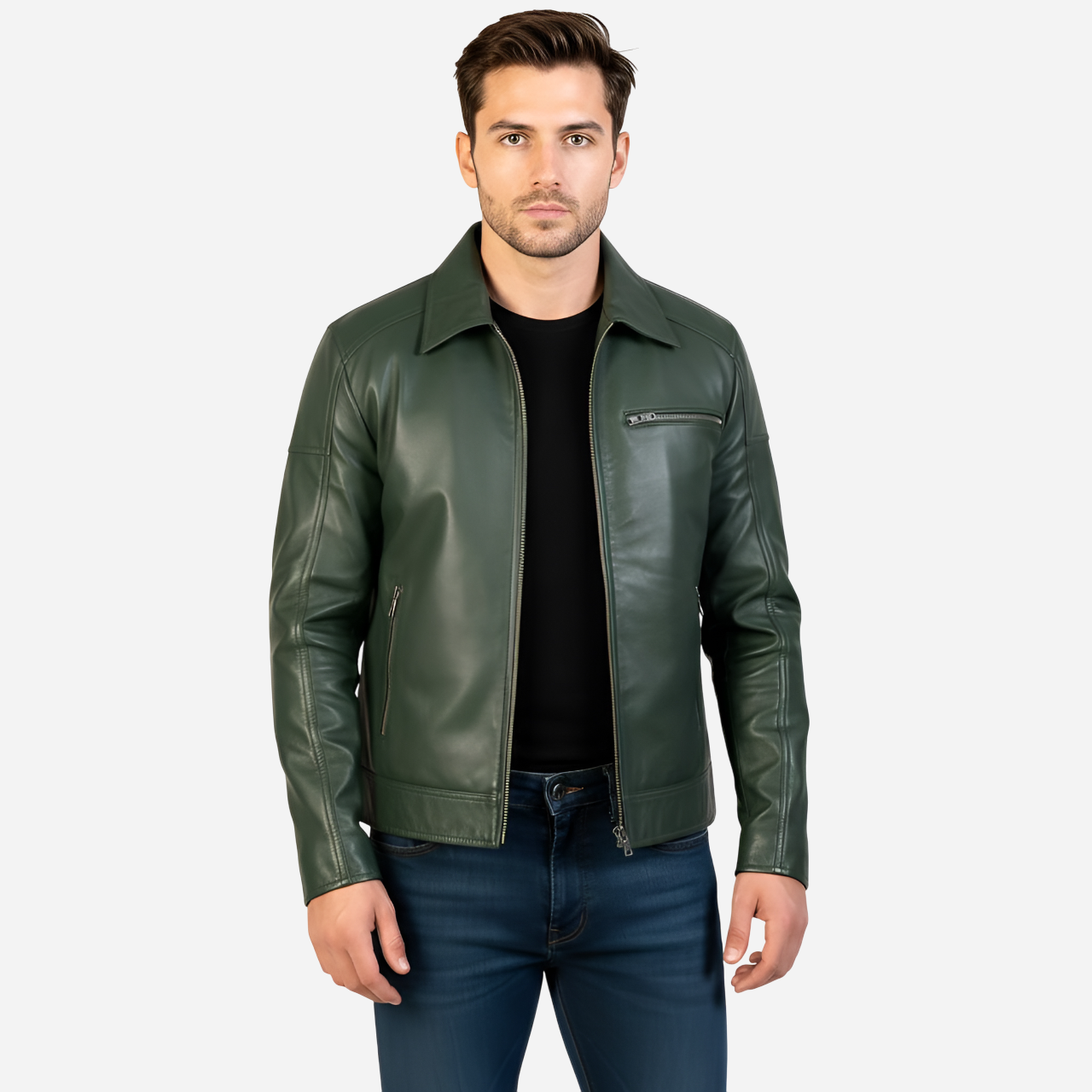Man wearing a green leather jacket on a white background