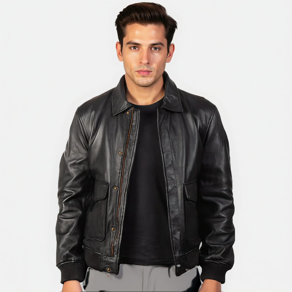 Man wearing a black leather jacket on a white background