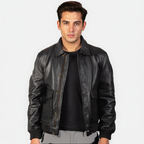 Man wearing a black leather jacket on a white background
