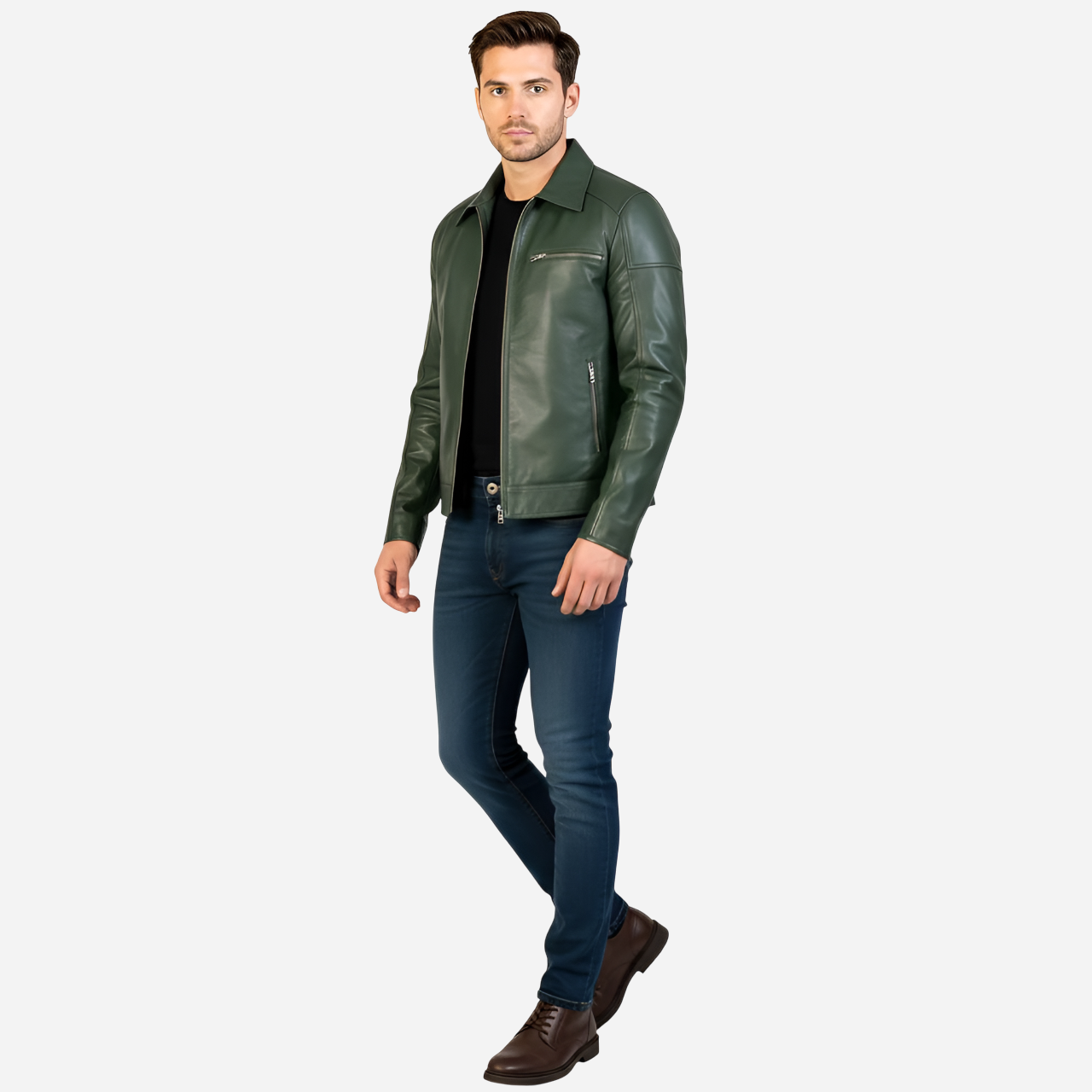 Man wearing a green leather jacket and blue jeans on a white background