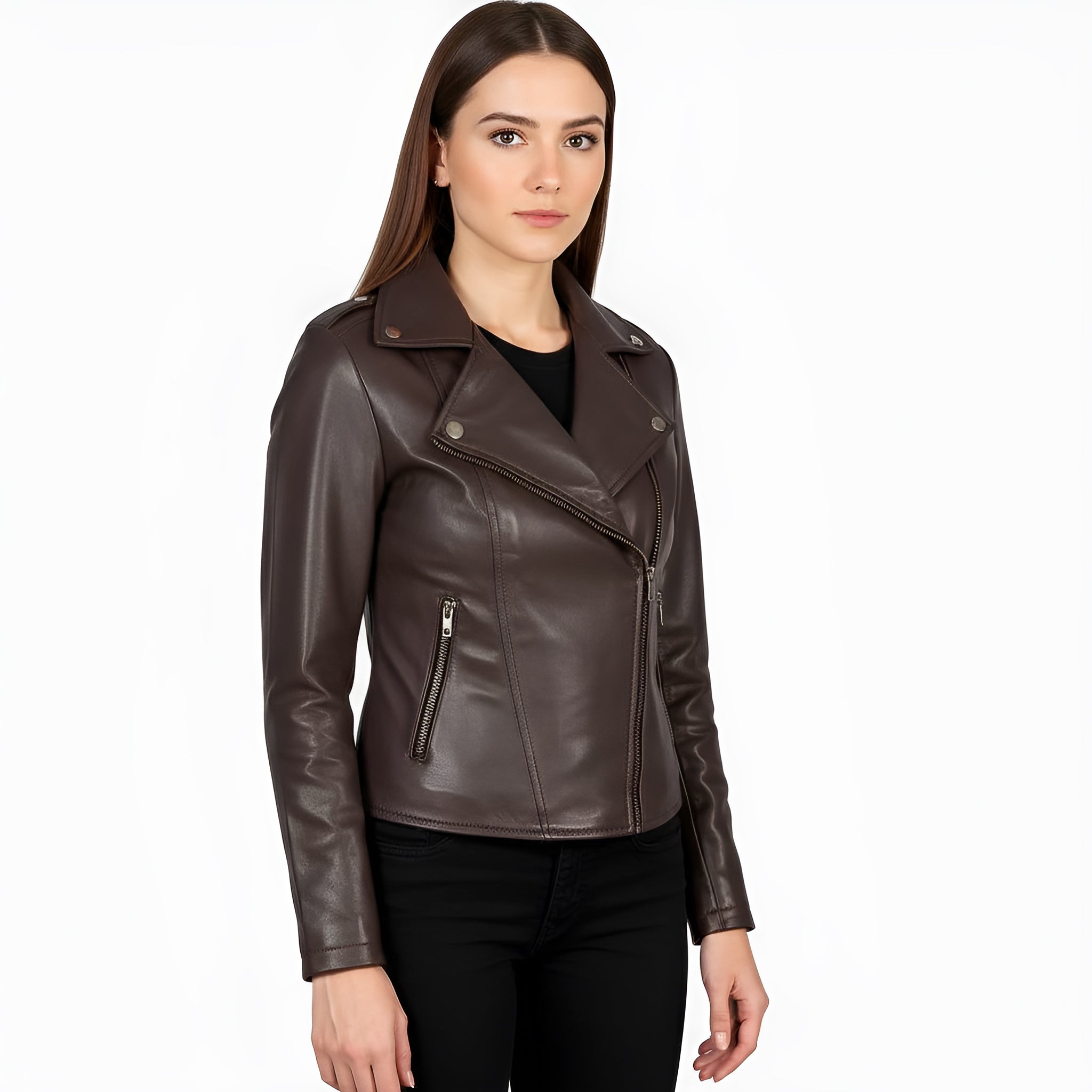 Women’s Mocha Brown Sheep Leather Asymmetric Jacket – Luxe Finish, Slim-Cut, Lightweight All-Season Fit | Premium Urban Jacket