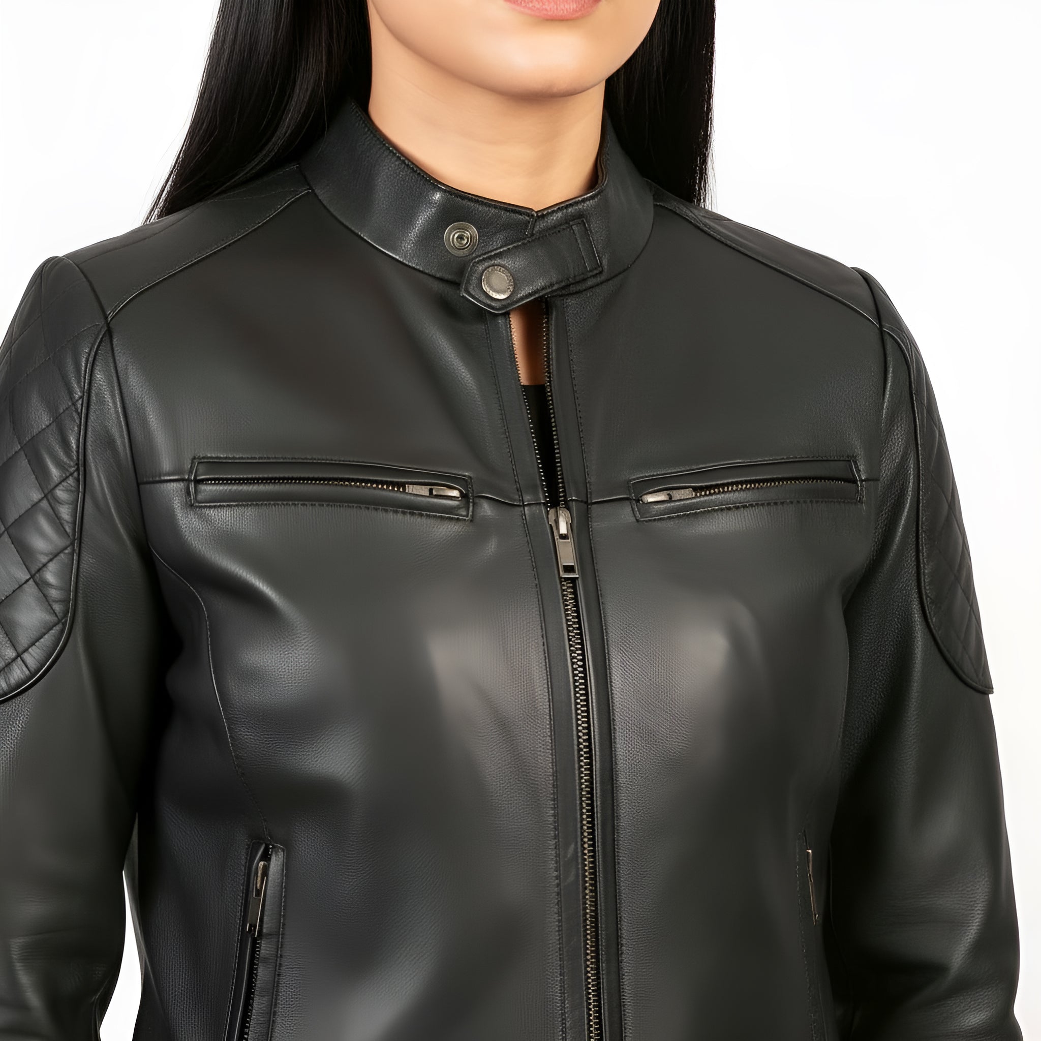 Black leather jacket with quilted shoulder design on a white background