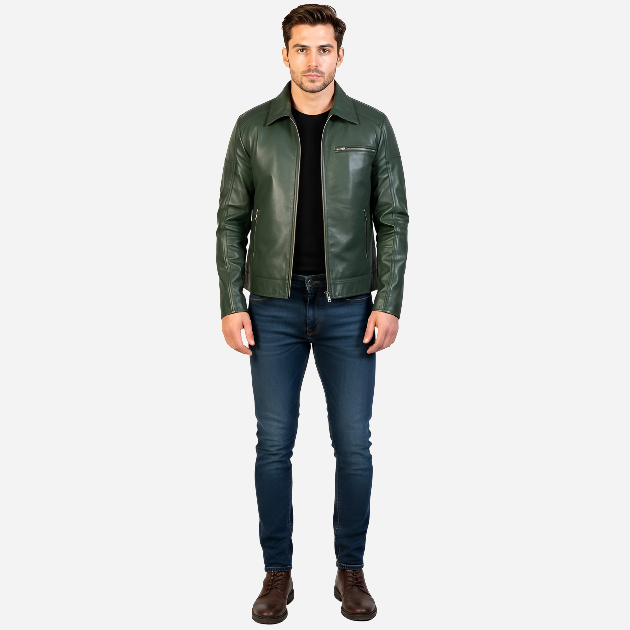 Man wearing a green leather jacket and blue jeans on a white background