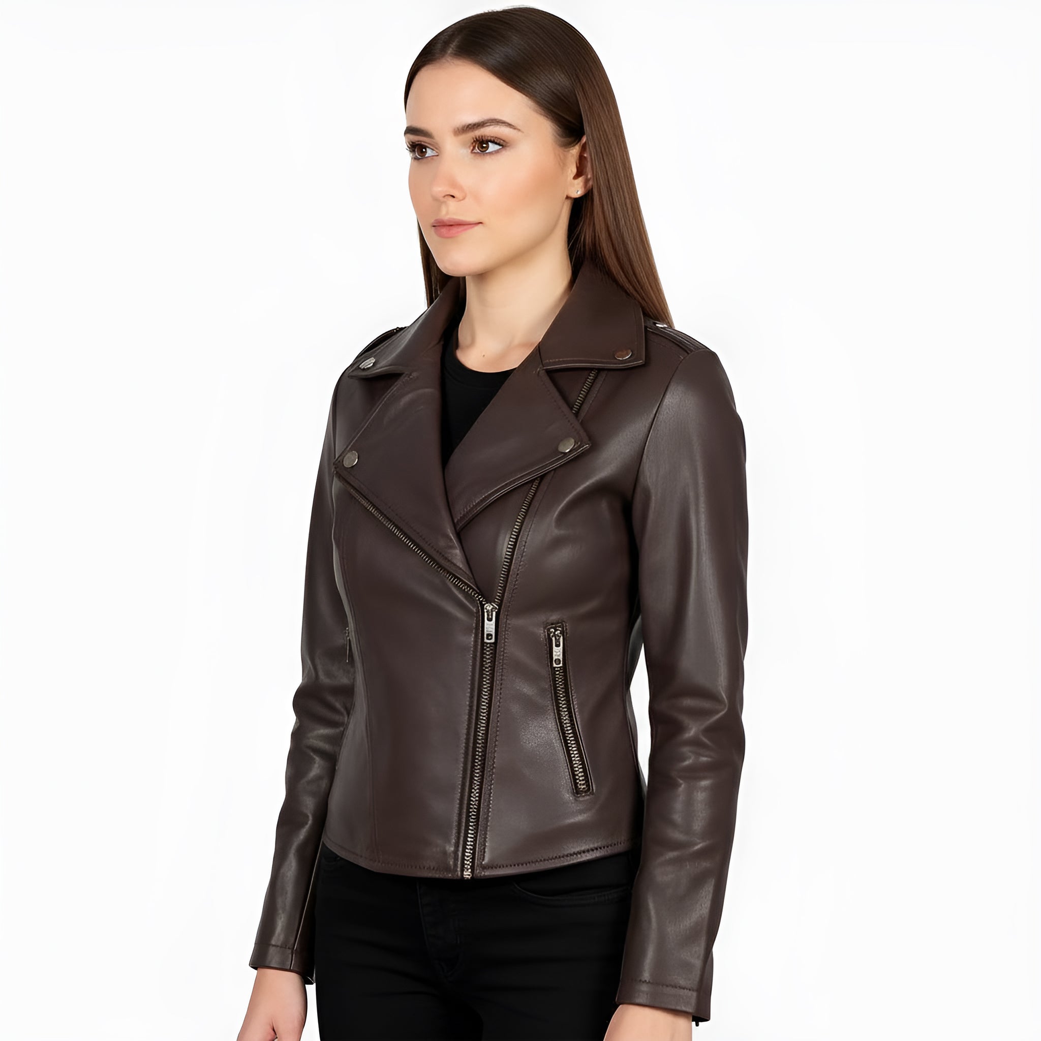 Woman wearing a brown leather jacket on a white background