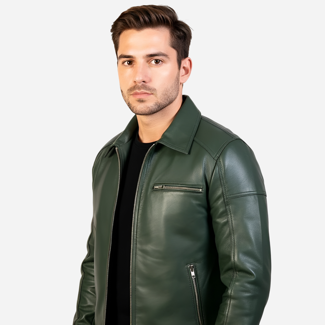 Man wearing a green leather jacket on a white background