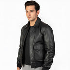 Man wearing a black leather jacket on a white background