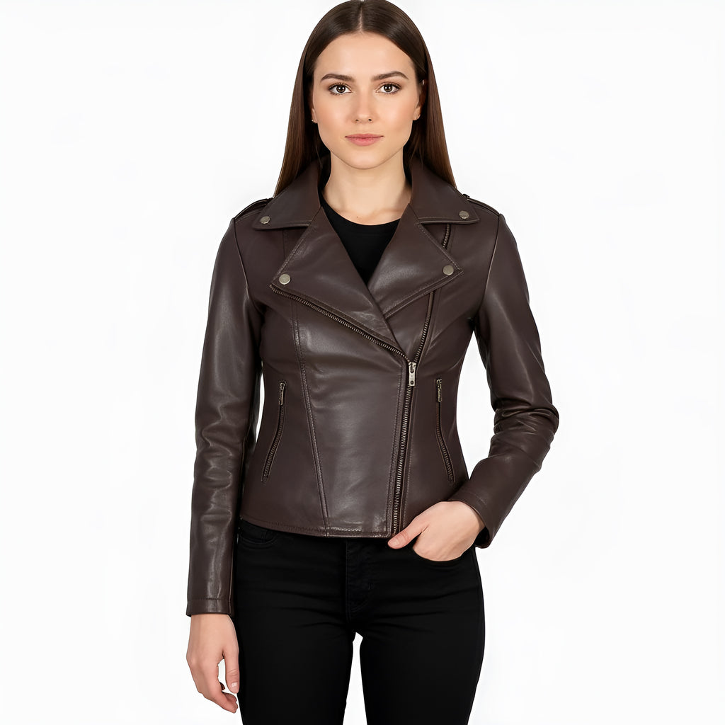 Woman wearing a brown leather jacket on a white background