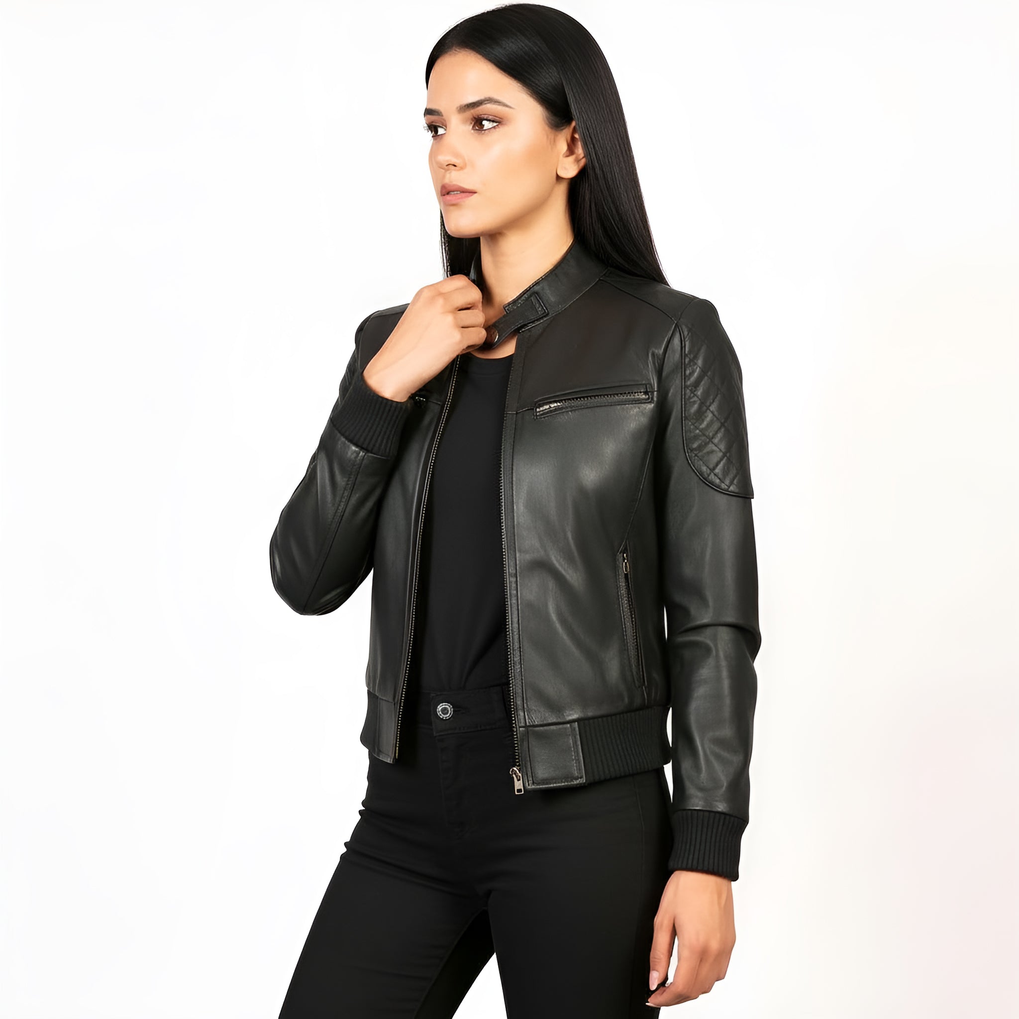 Woman wearing a black leather jacket on a white background