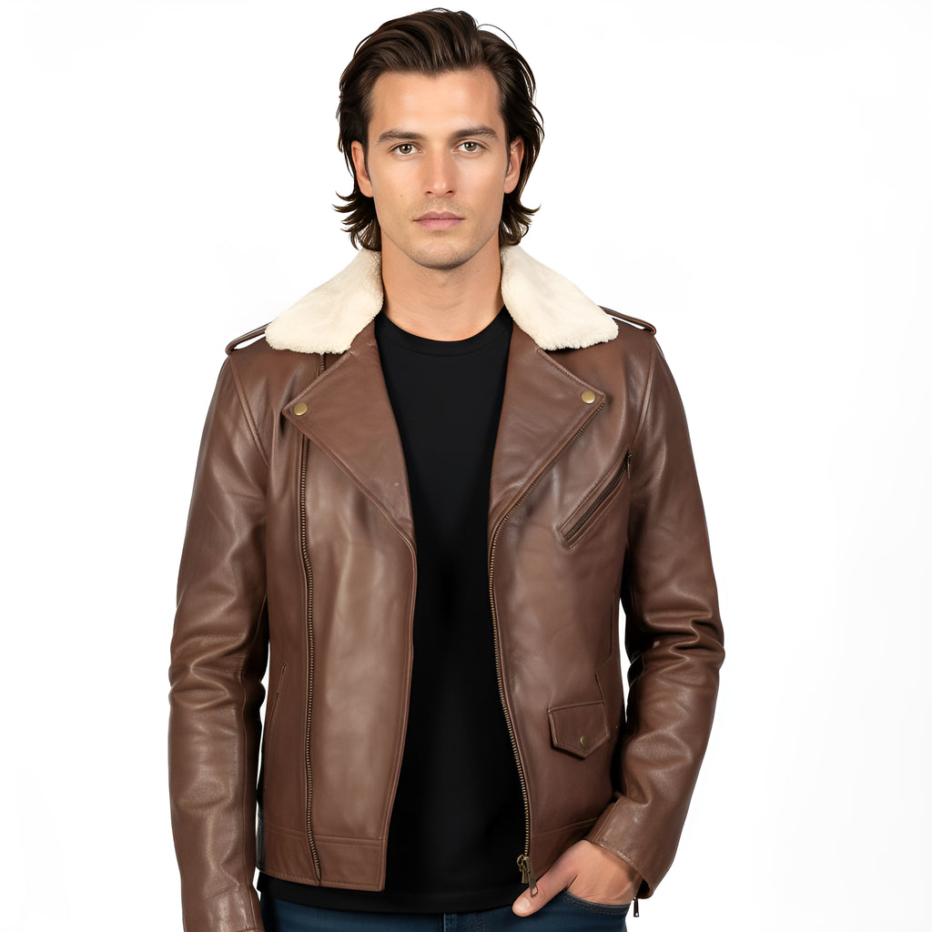 Man wearing a brown leather jacket with white fur collar on a white background
