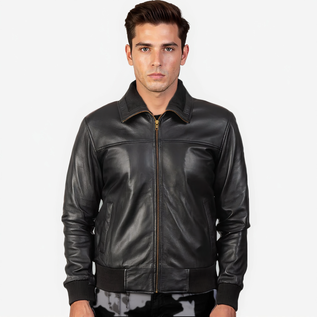 Man wearing a black leather jacket on a white background