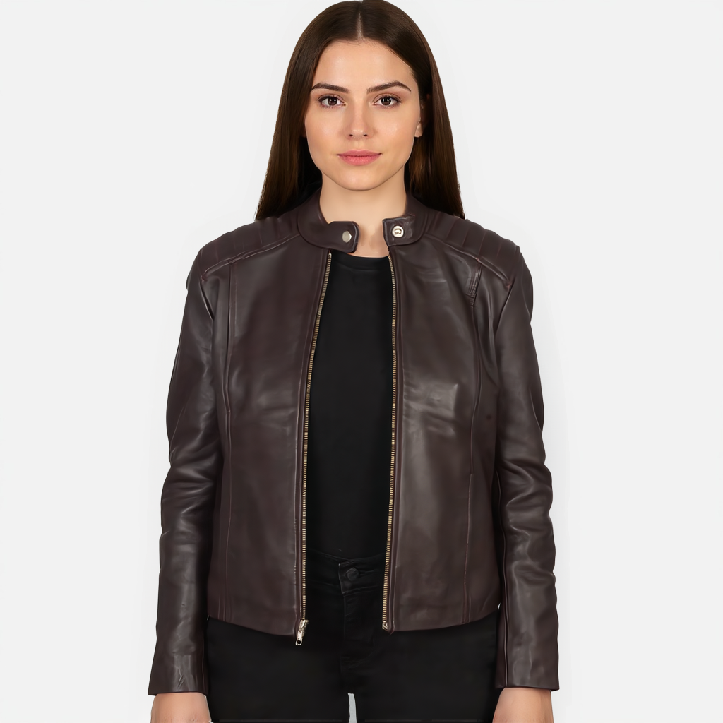 Woman wearing a brown leather jacket on a white background