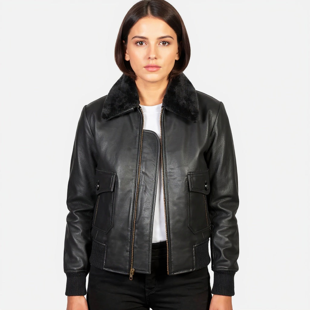 Woman wearing a black leather jacket with fur collar on a white background