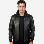 Man wearing a black leather jacket on a white background