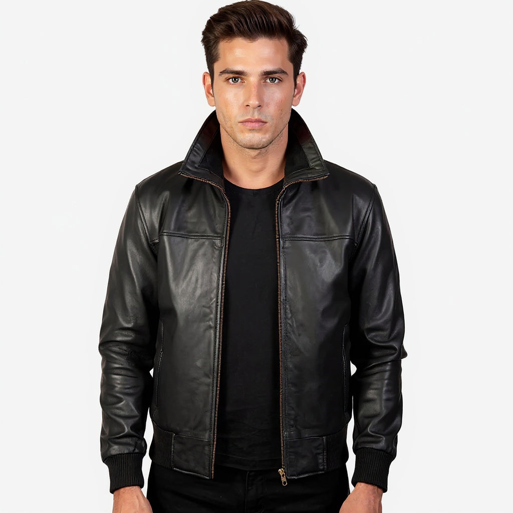Man wearing a black leather jacket on a white background