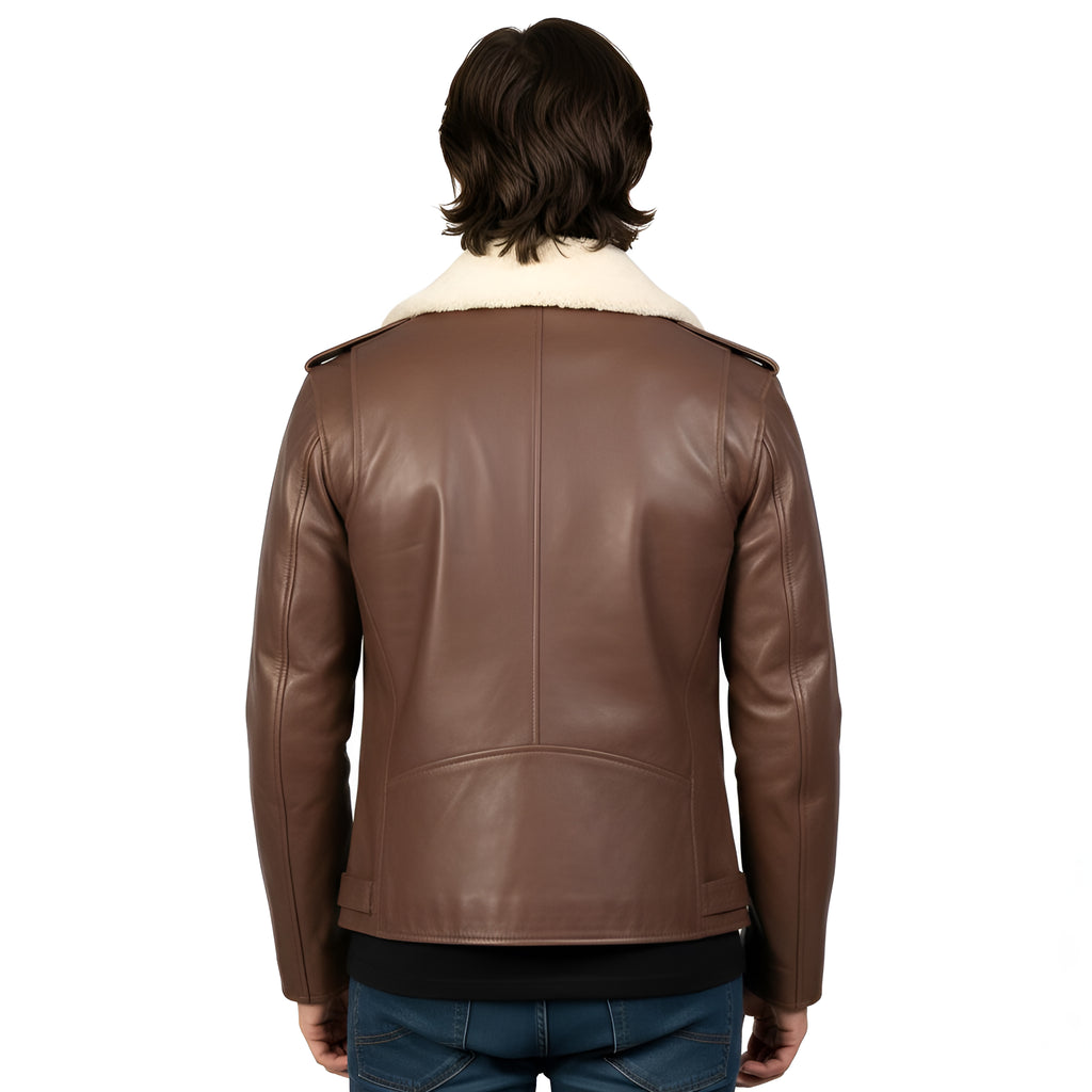 Brown leather jacket with white fur lining on a white background