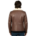 Brown leather jacket with white fur lining on a white background