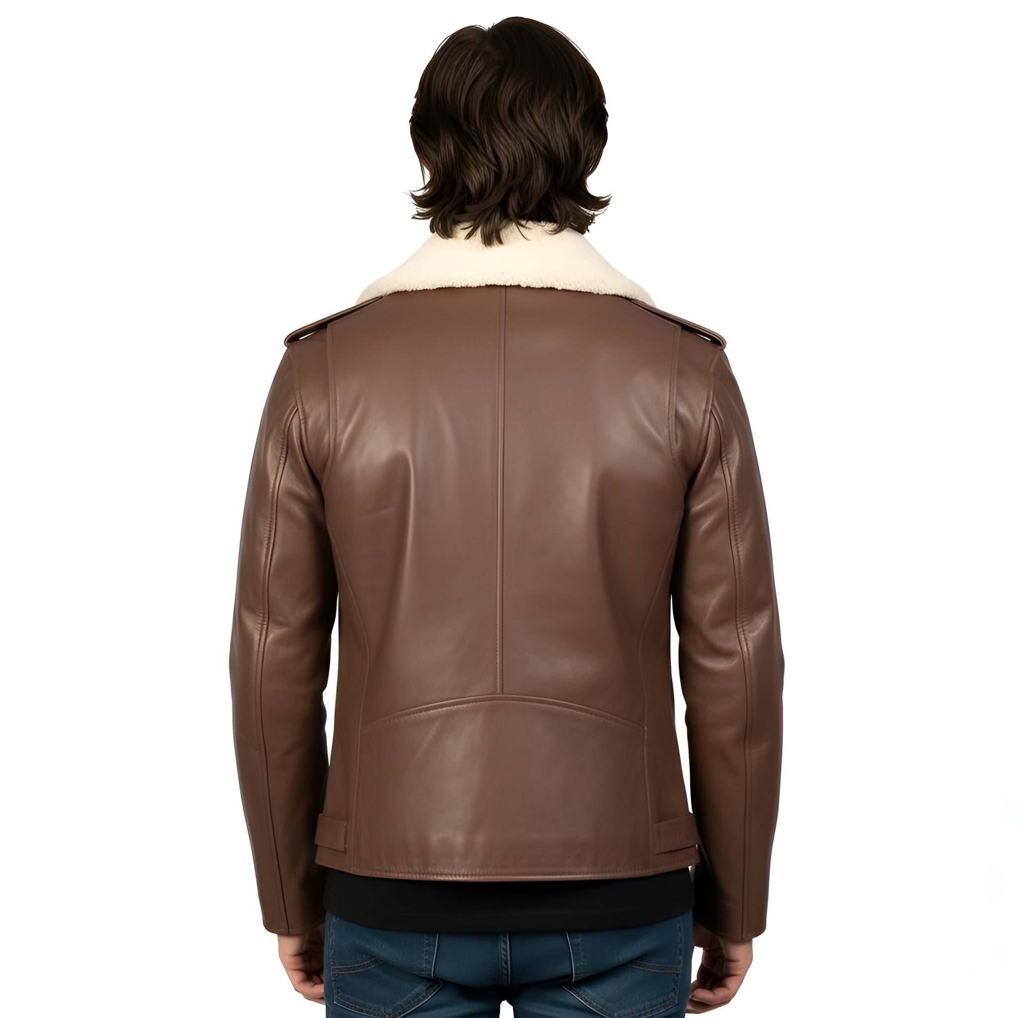 Brown leather jacket with white fur lining on a white background
