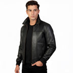 Man wearing a black leather jacket on a white background