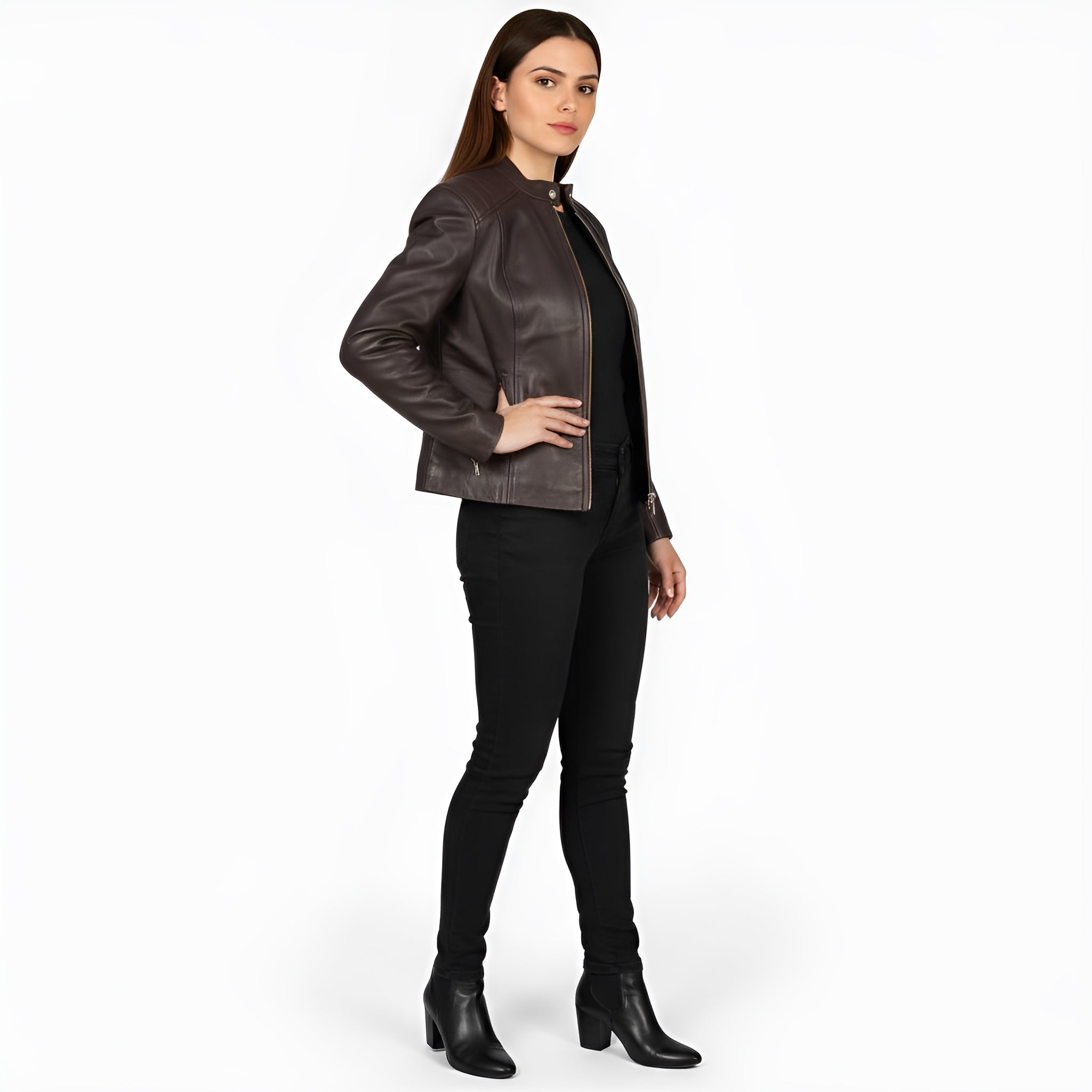 Woman wearing a brown leather jacket on a white background