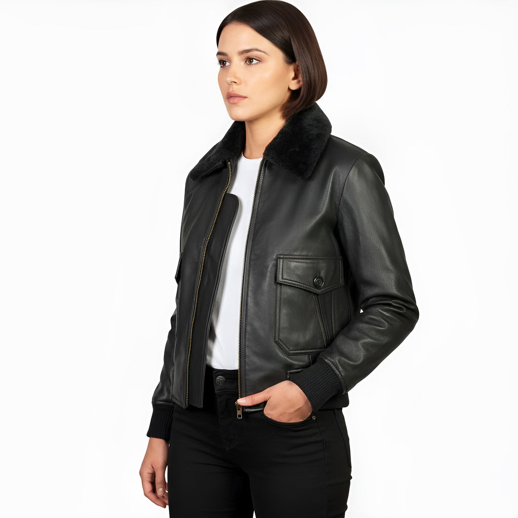 Woman wearing a black leather jacket with a fur collar on a white background