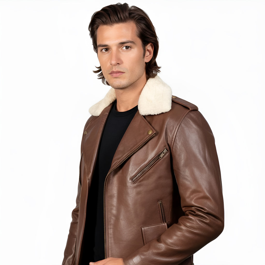 Man wearing a brown leather jacket with white fur lining on a white background