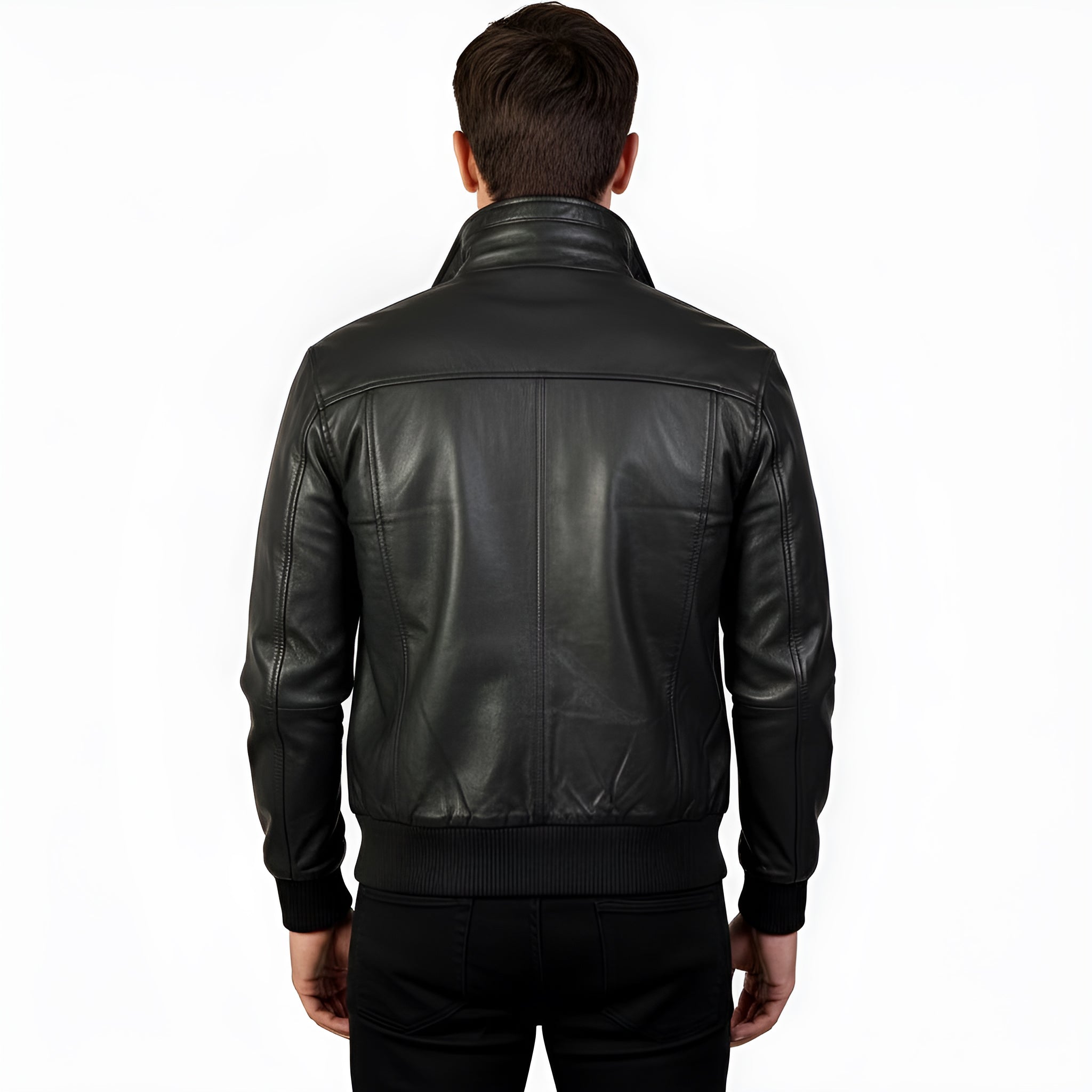 Black leather jacket worn by a person on a white background