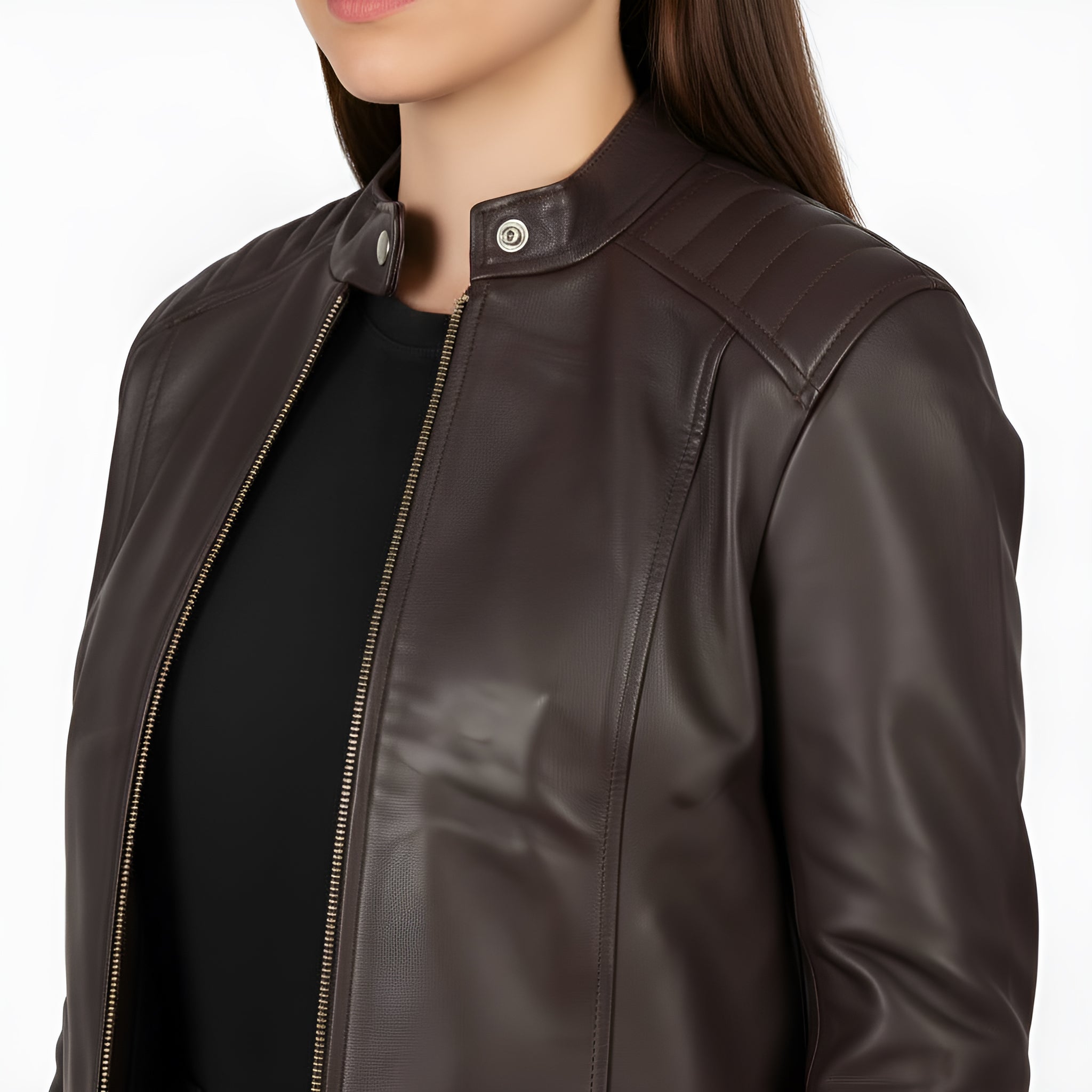 Brown leather jacket worn by a person on a white background