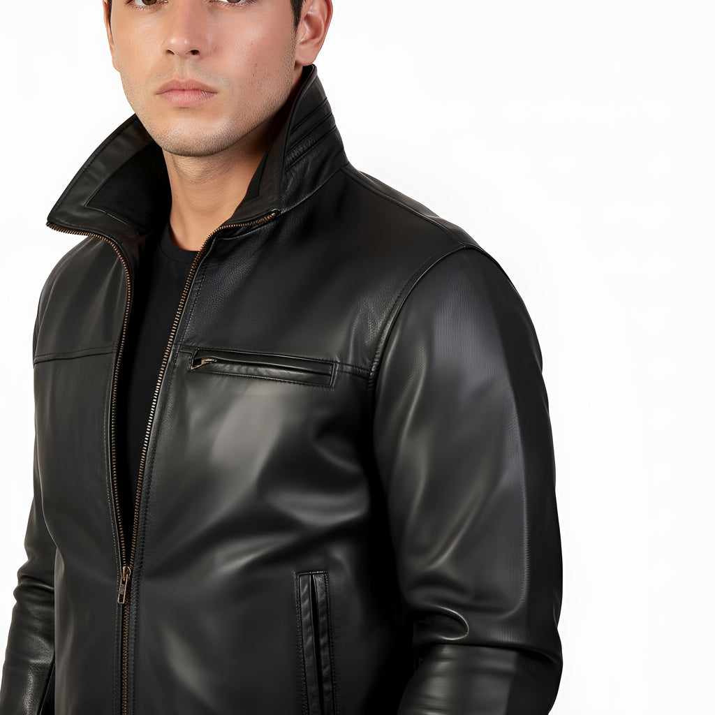Man wearing a black leather jacket on a white background