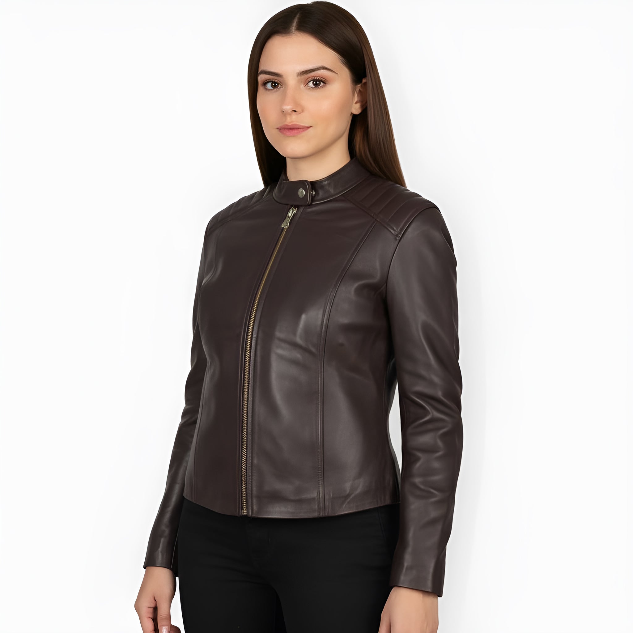 Woman wearing a brown leather jacket on a white background