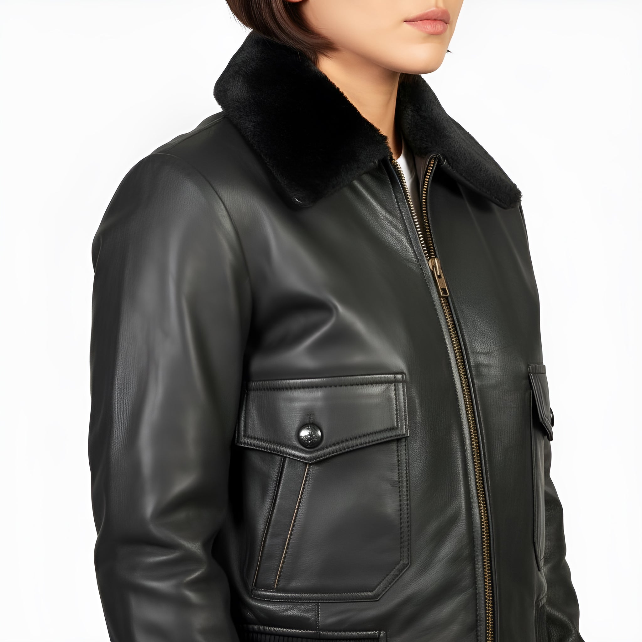Black leather jacket with fur collar on a white background