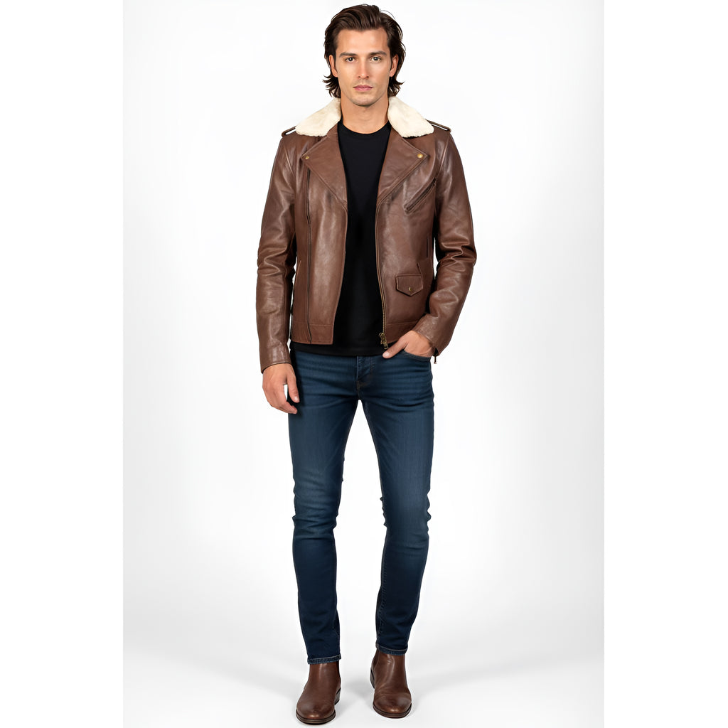 Man wearing a brown leather jacket with white fur lining on a white background