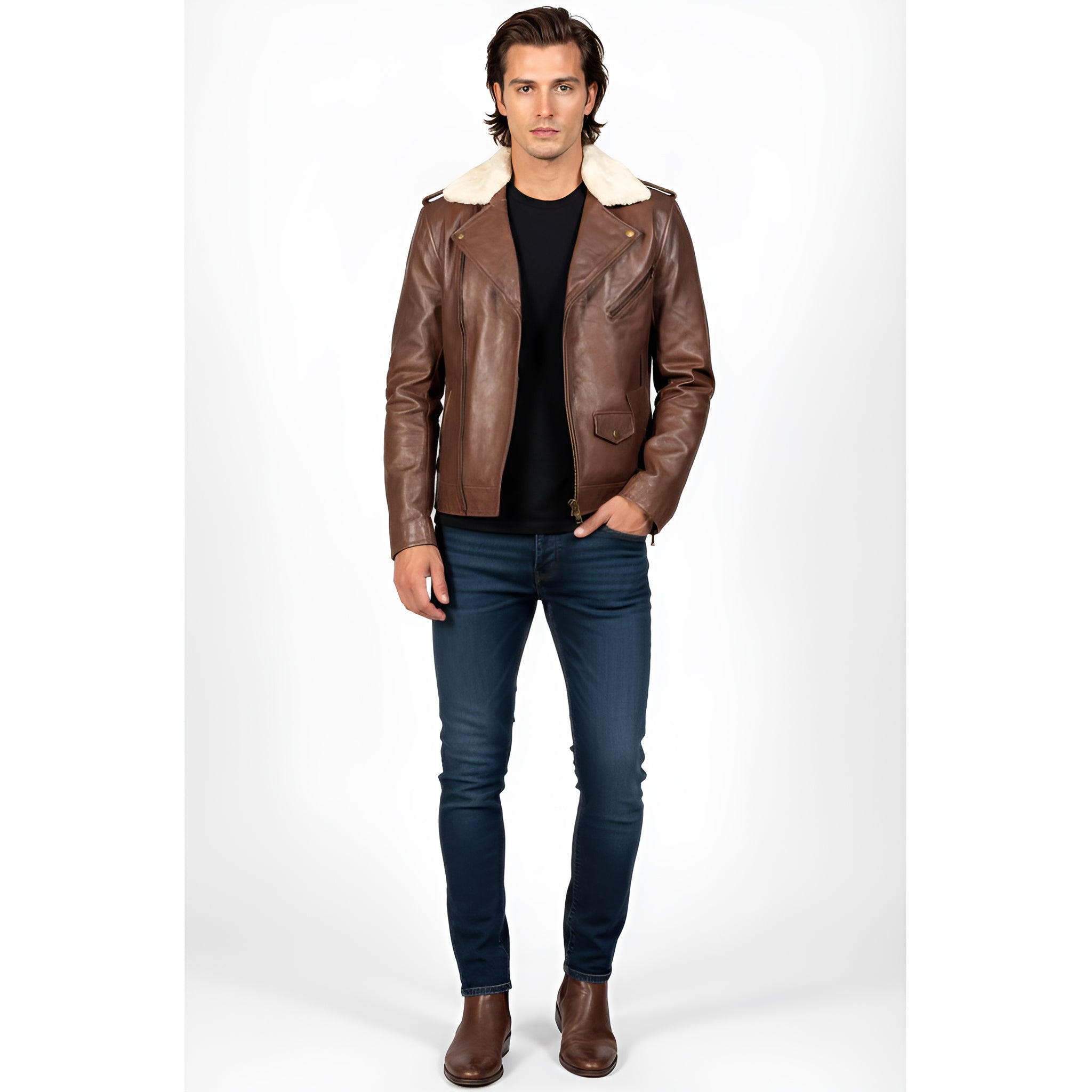 Man wearing a brown leather jacket with white fur lining on a white background