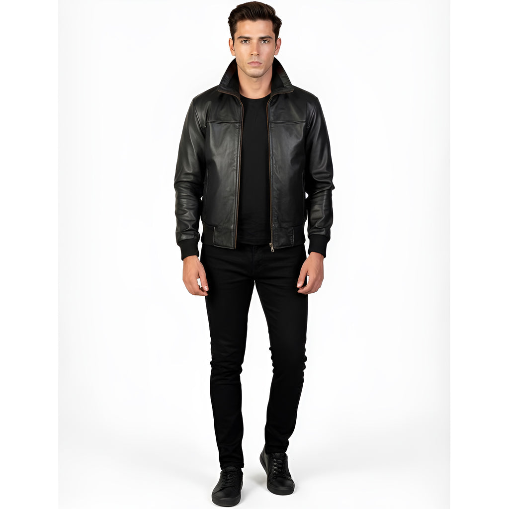 Man wearing a black leather jacket on a white background