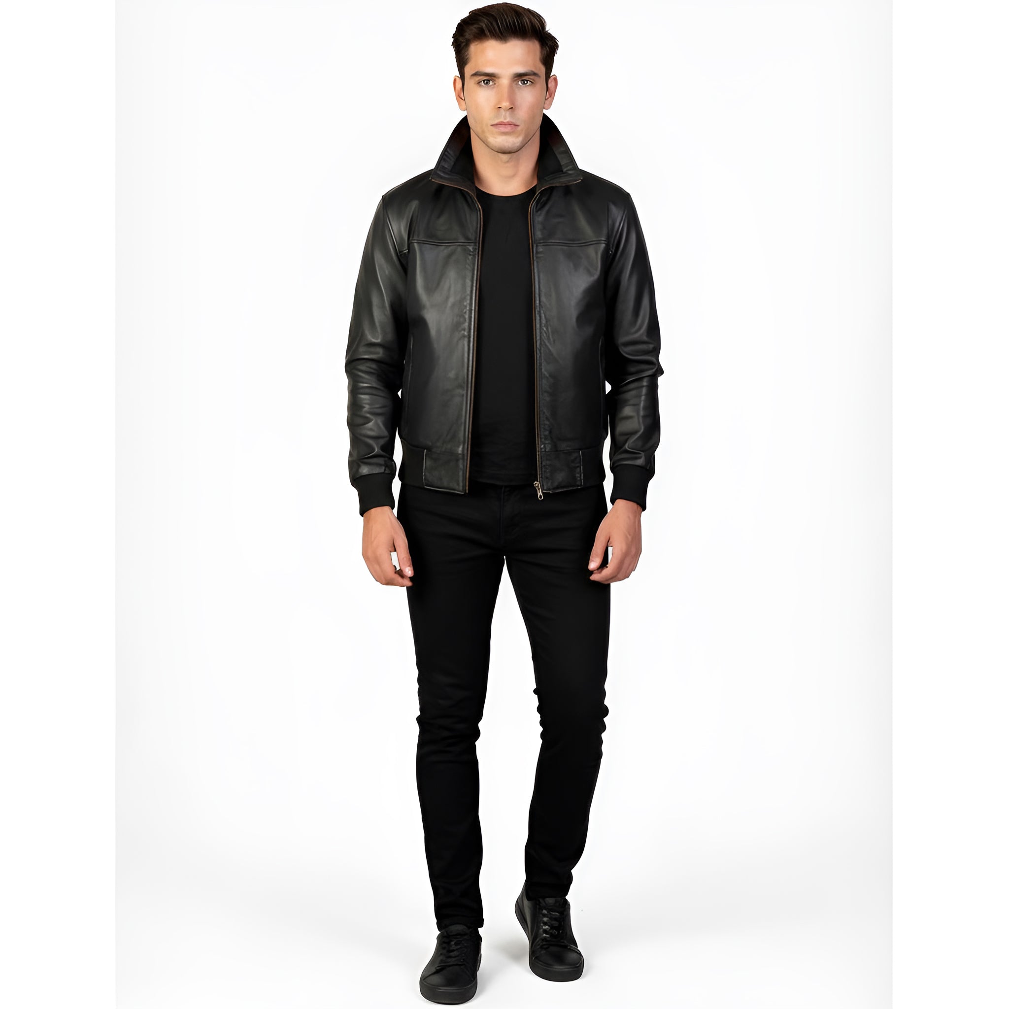 Man wearing a black leather jacket on a white background