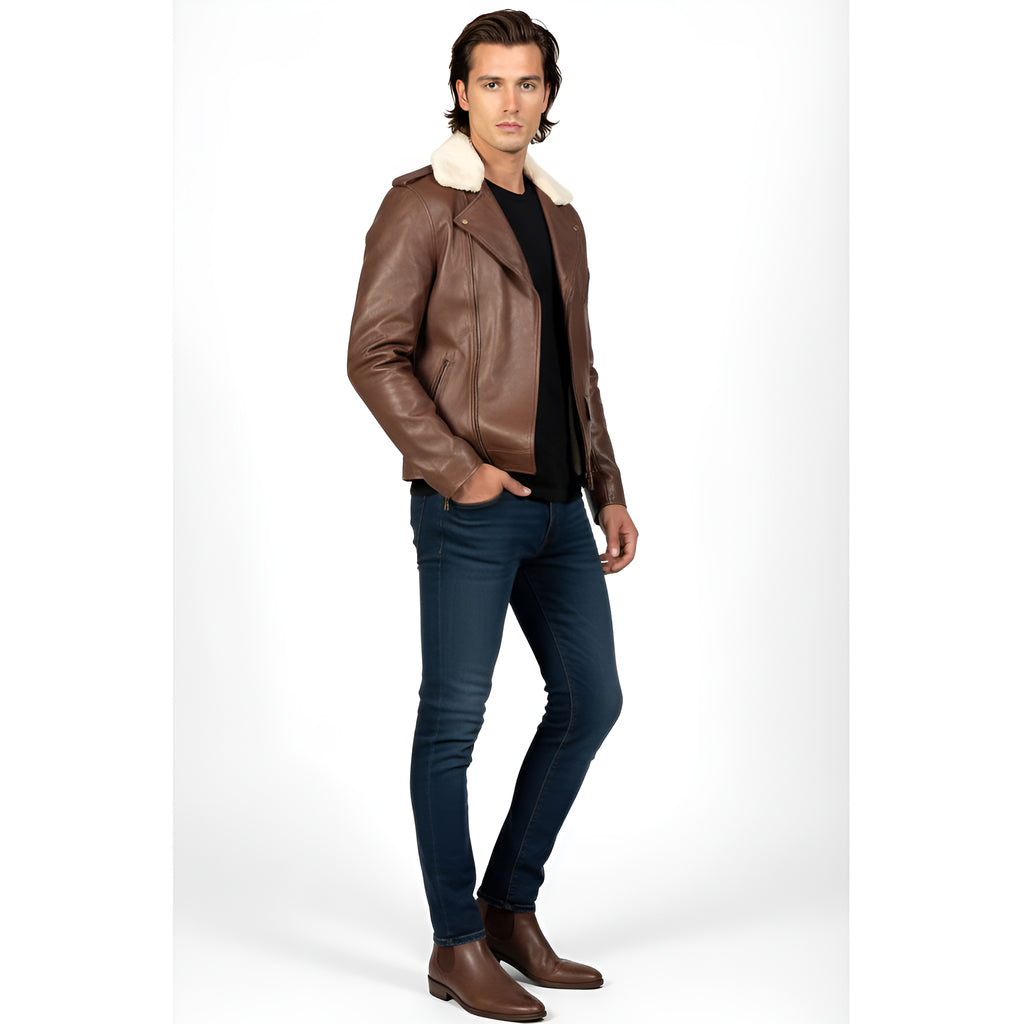 Man wearing a brown leather jacket with white fur lining on a white background